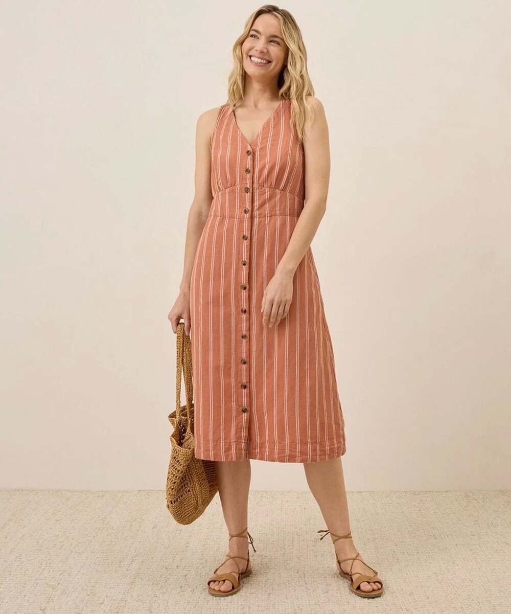 Pact Women's Large Canopy Linen Blend Button-Front Dress Hermosa Stripe